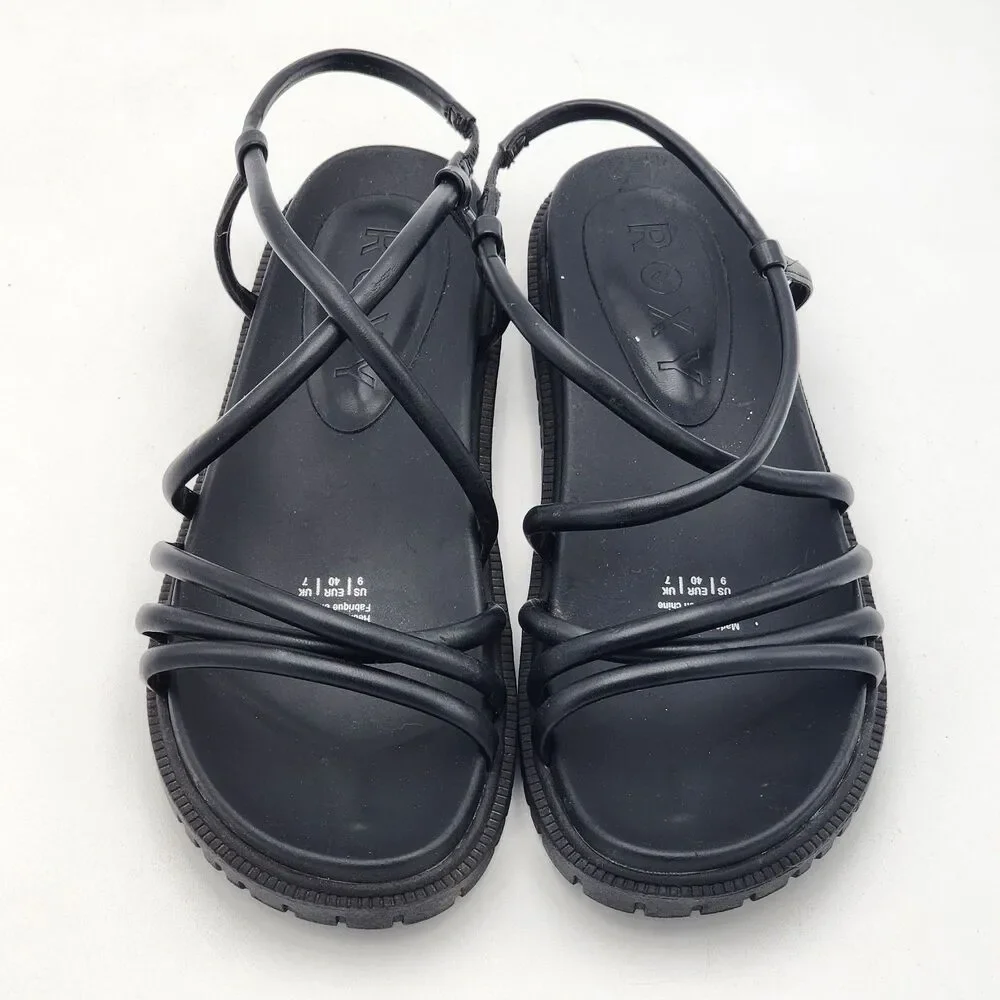 Roxy Brooke Strappy Flat Platform Lug Sole Sandals Casual Black Size 9